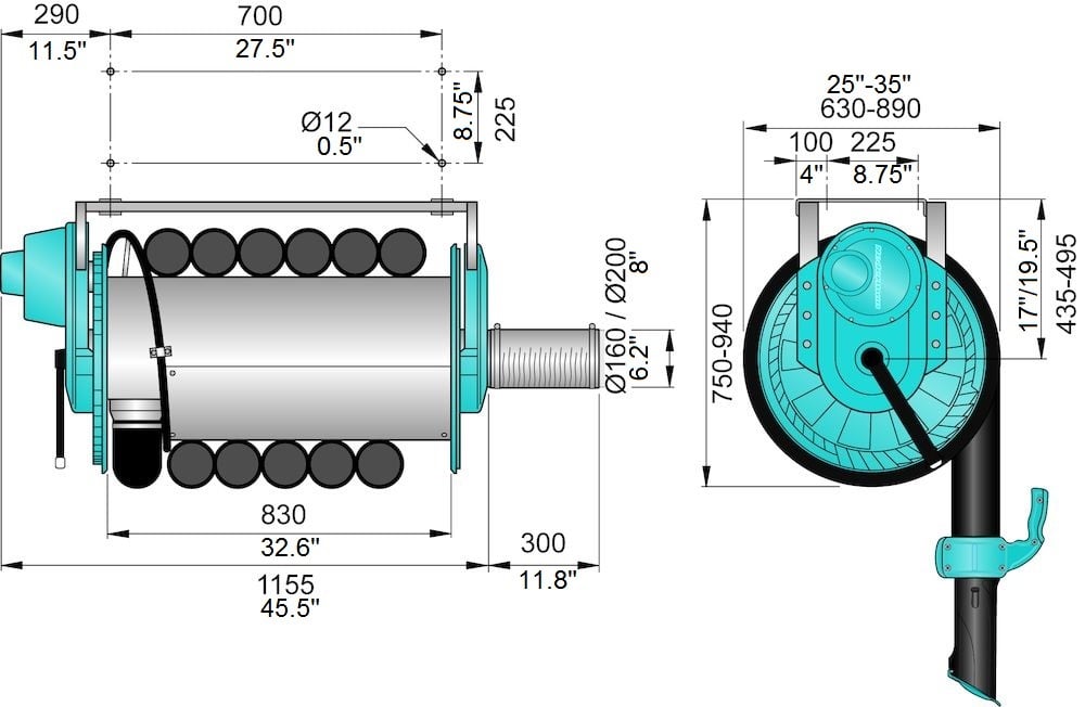 Enrouleur de tuyau d'échappement 865 - avec tension de ressort -  raccordement DN 160mm - avec tuyau NR-B